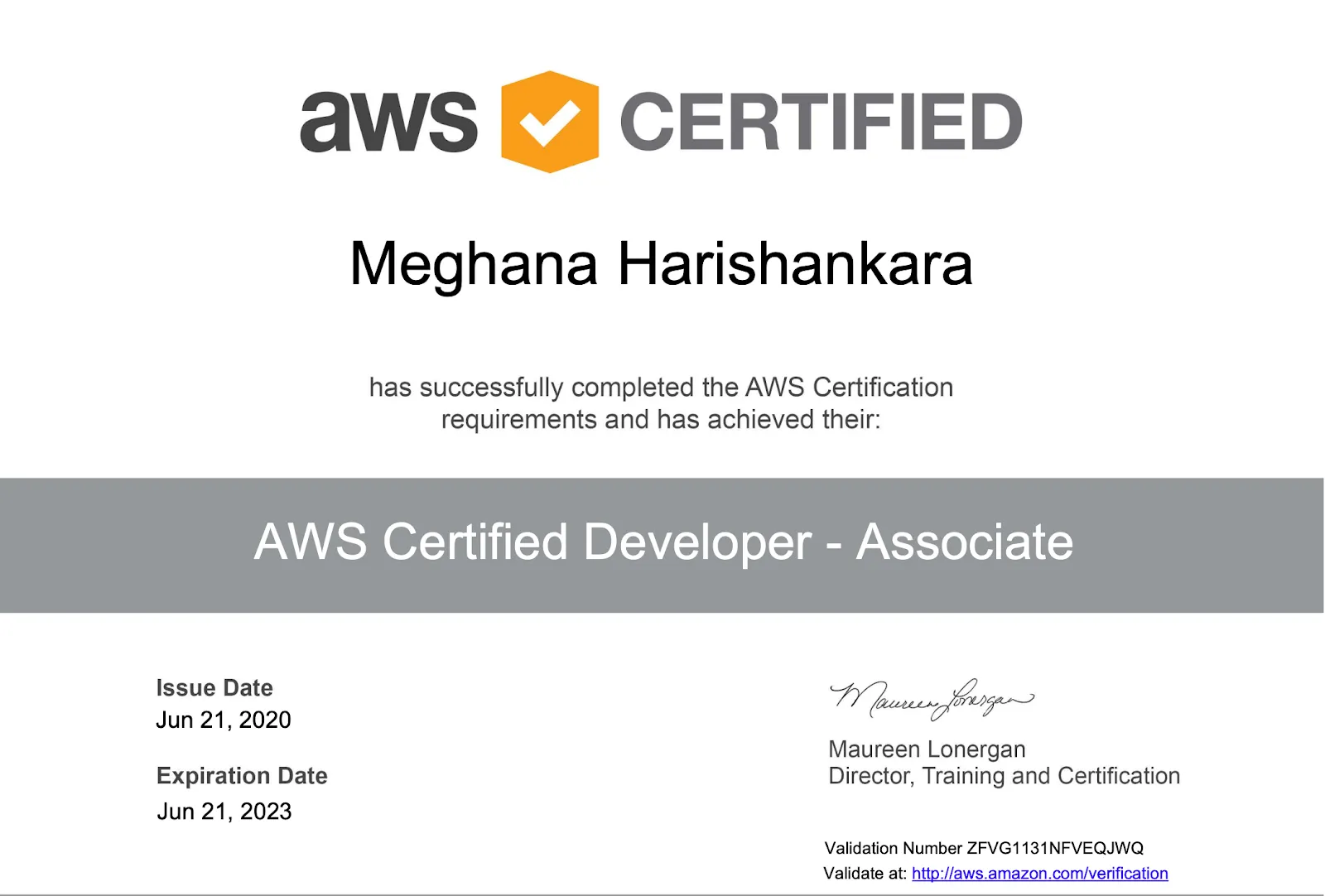 My AWS Developer Associate Certificate
